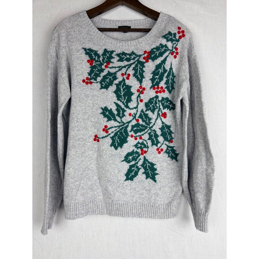 Talbots Womens Gray Holly Berry Intarsia Holiday Christmas Crewneck Sweater M - Picture 2 of 14